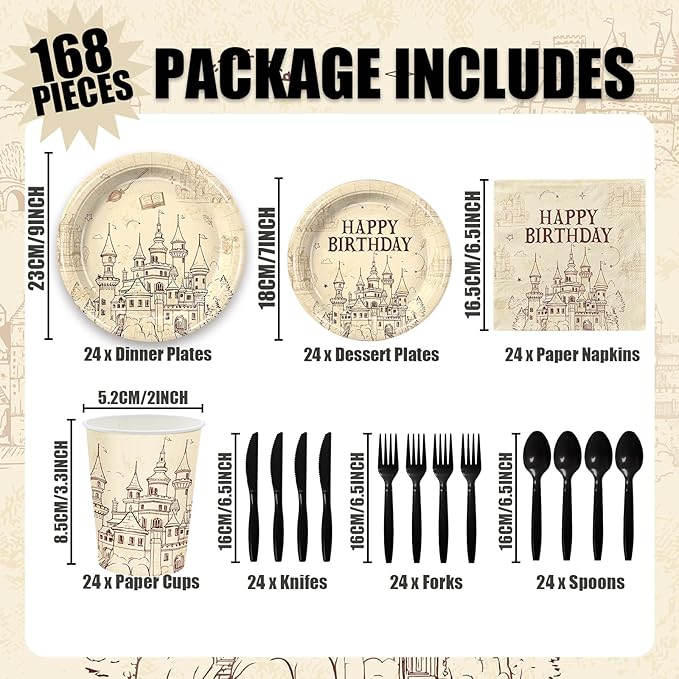 168pcs Magical Wizard Party Supplies Vintgage Castle Owl Party Table Decorations Magic School Birthday Paper Plates and Napkins Cups Cutlery for Birthday Decorations Serves 24