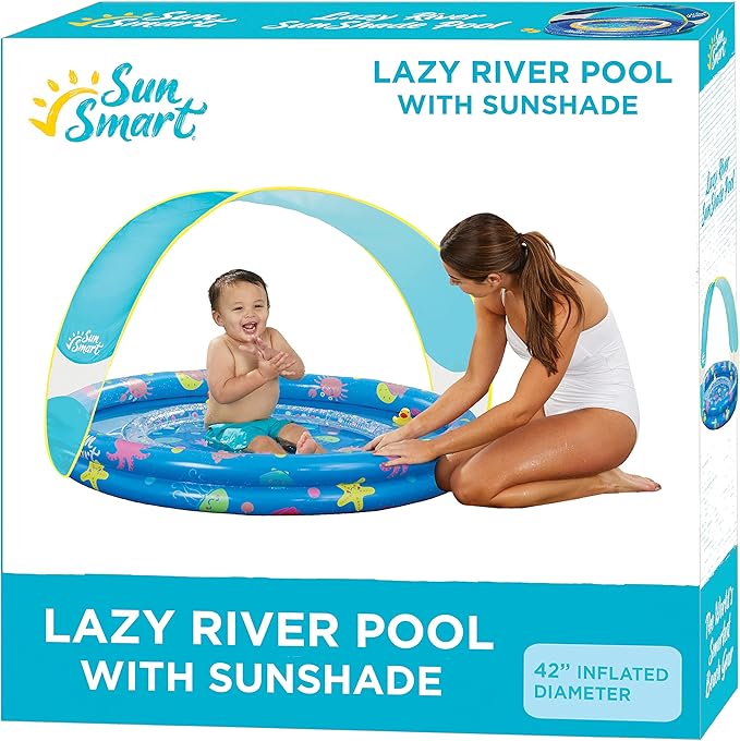 SunSmart Lazy River Kiddie Pool with Two Toy Duckies, Inflatable Kids Pool with Removable UPF50 Sunshade Canopy, Heavy Duty Toddlers Pool