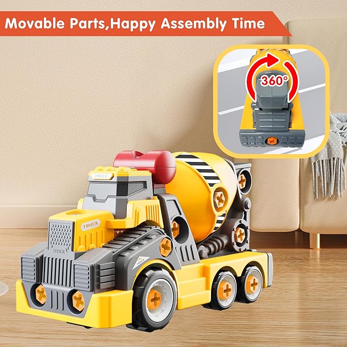 11inches Large Take Apart Cement Mixer Trucks Construction Toys for Boys Girls Kids 3-5 6-8 Year Old Electric Drill Set Assembly Building Toys