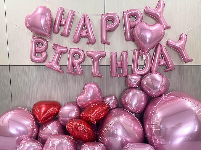 Pink Birthday Decorations with 16pcs Large 4D Foil Balloons in Different Size (10-50 Inch) + 6pcs 18" Heart Balloons + 16” Happy Birthday Banner for Indoor Outdoor Party Decorations (Pink)