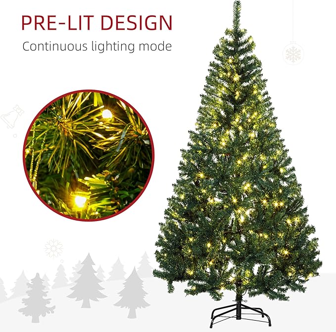 HOMCOM 6' Tall Prelit Christmas Tree Douglas Fir Artificial Christmas Tree with Realistic Branches, 250 Warm White LED Lights and 1000 Tips, Green