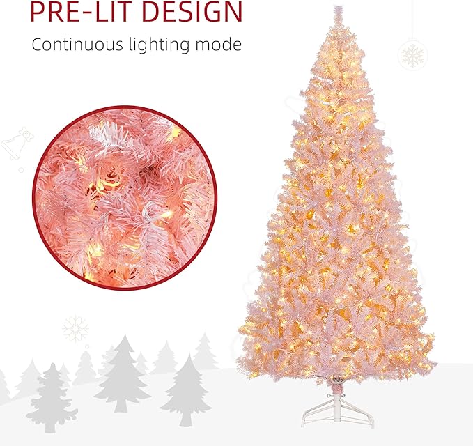 HOMCOM 7.5' Tall Prelit Christmas Tree Douglas Fir Artificial Christmas Tree with Realistic Branches, 500 Warm White LED Lights and 1346 Tips, Pink