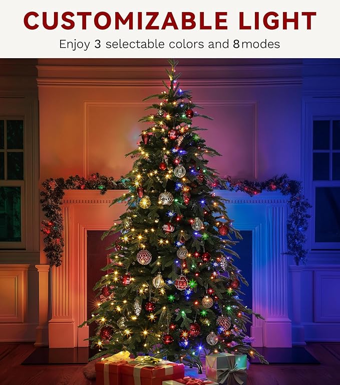 DWVO 6ft Prelit Christmas Tree with Lights, Full Downswept Artificial Fir Twinkle Christmas Tree with 1628 Metal Hinged Flame Resistant PE & PVC Branches and 300 Lights 11 Modes Remote Controlled