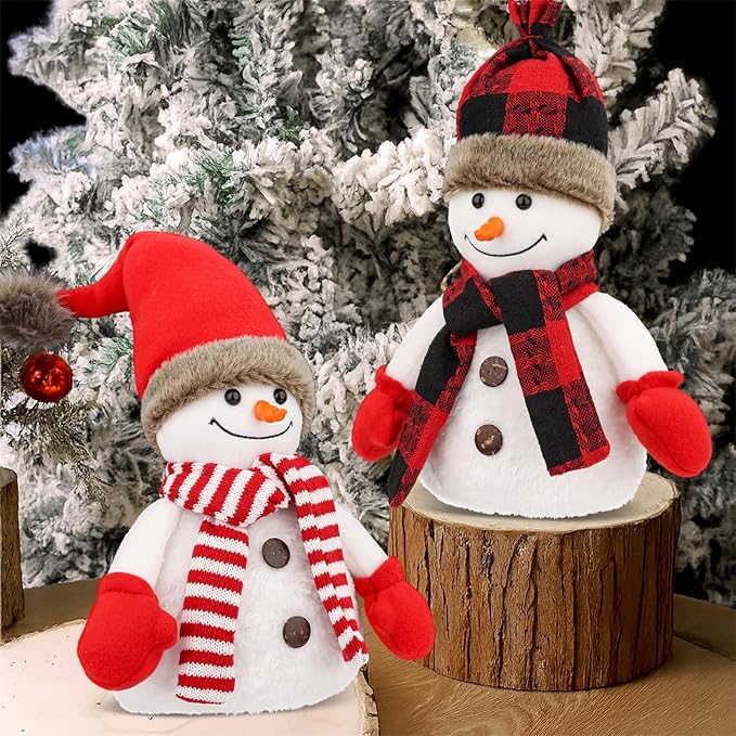 2 Pcs Christmas Table Decorations Christmas Plush Snowman Figurines Xmas Tabletop Ornaments for Home Kitchen Mantel Fireplace Window Sill Xmas Gift Holiday Party Decor