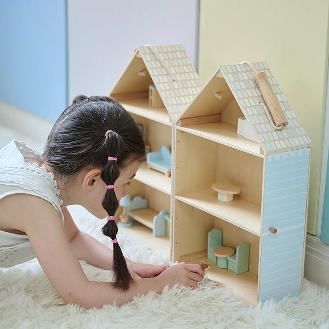 Olivia's Little World Folding Wooden Dollhouse – 3-Story Portable Playhouse with Furniture, Family Figures & Pet, Built-in Carry Handle, Compact Fold-Up Design Toy for Ages 3+