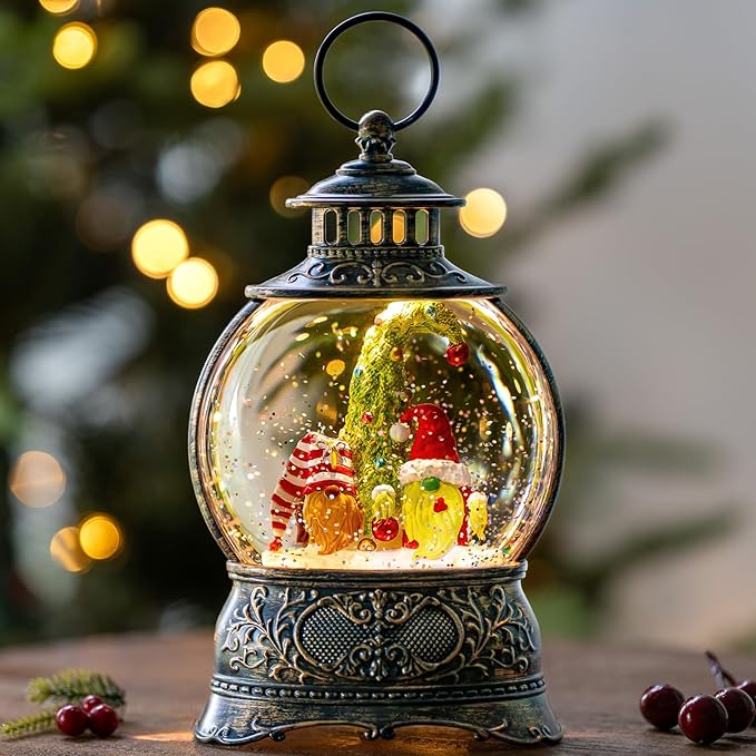 Christmas Snow Globe Lighted Gnomes Santa Elf Whimsical Christmas Tree Scene, Musical Snow Water Lantern Swirling Glittering Home Decoration and Gift, Battery Operated or USB Powered