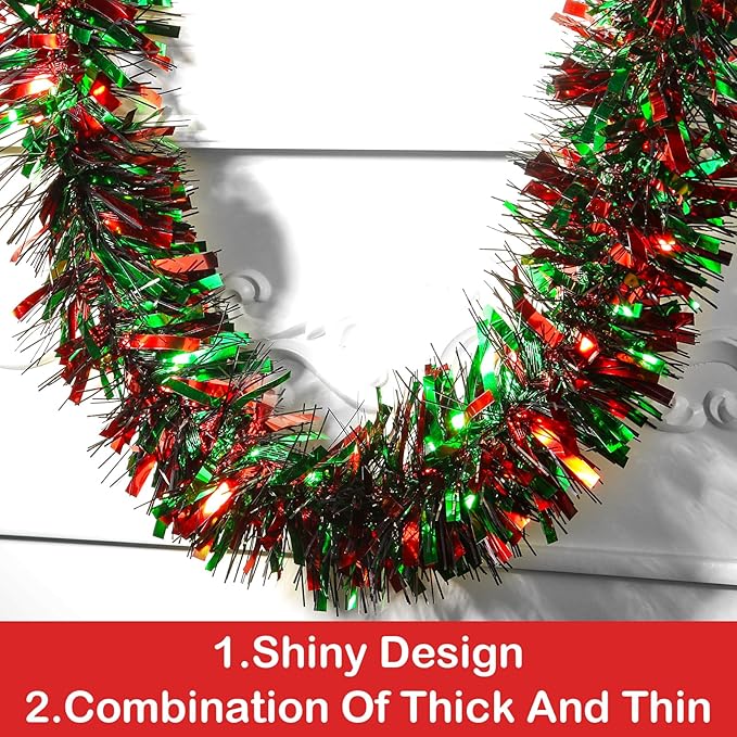 50ft Metallic Tinsel Garland - Christmas Tree Hanging Decorations (Red, Green, Black)
