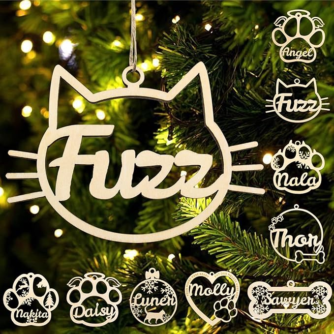Personalized Dog Cat Paw Ornament Christmas, Custom Pet's Name Ornament, Customized Wooden Cat Face Ornaments for Christmas Tree
