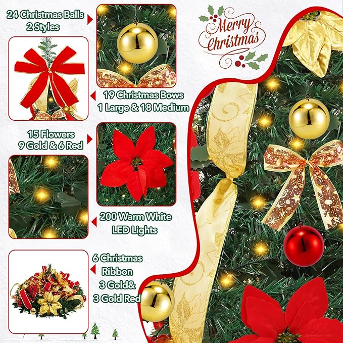 [ 8 Modes & Timer ] 6 Ft Prelit Full Pop Up Christmas Tree with 200 Warm White LED Lights, Ornaments, Red & Gold Ribbon, Bows, Plug in Collapsible Christmas Trees Outdoor Indoor Christmas Decor