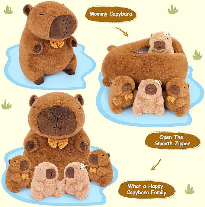 Achwishap 5PCS Capybara Plush,Capybara Stuffed Animal Mommy with 4 Capybara Babies Plush Toy,Cute Plushie Capybara Hugging Pillow Cuddle Plushie for Kids Girls Boys Gifts(Capybara Family,16”,Brown)