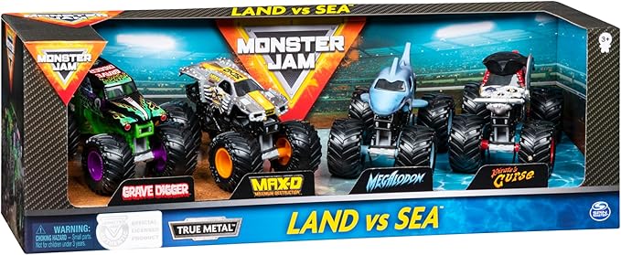Monster Jam, Land vs. Sea 4 Pack Monster Trucks (Grave Digger, Max-D, Megalodon, and Pirate’s), 1:64 Scale, Kids Toys for Boys and Girls Ages 3 and up