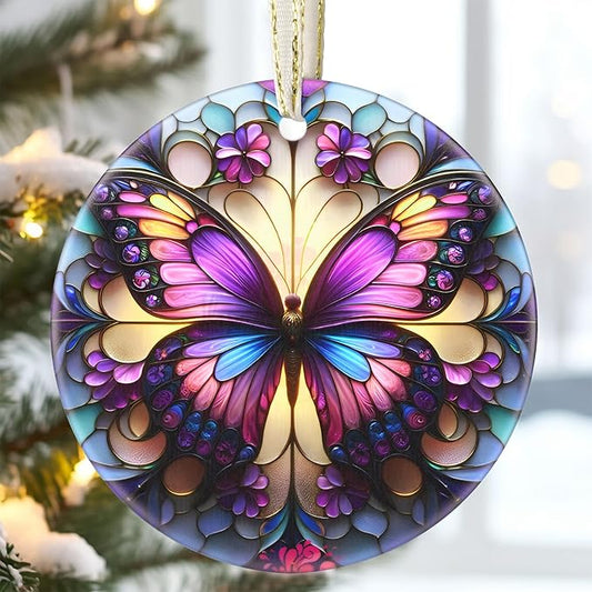3.5 Inch Ceramic Christmas Tree Ornament, Butterfly Christmas Ornaments, Heirloom Keepsake, Gift Exchange, Gift Idea, Bauble Present