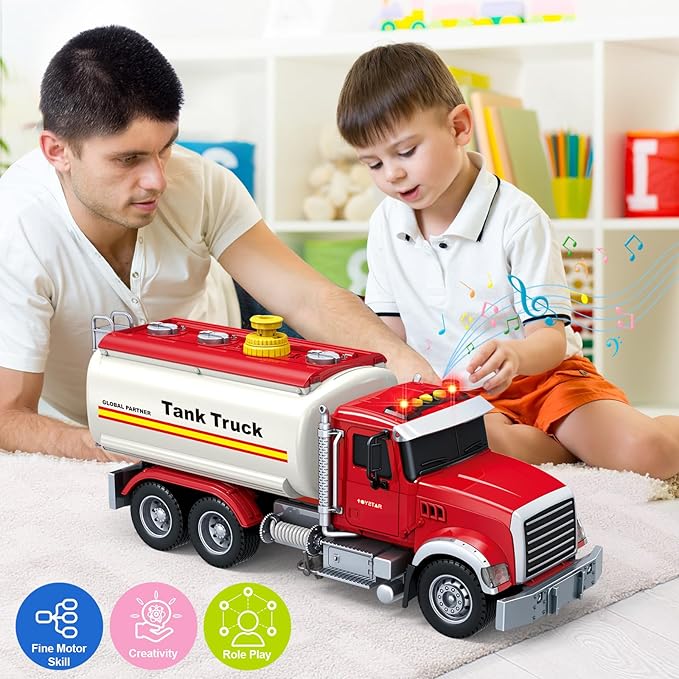 Kids Toys for 3 4 5 6 7 8 Years Old Boys, Large Tanker Truck Toy with Lights, Sounds, Water Pump, Red Toddler Friction Powered Oil Truck Vehicle Toy for Boys Girls Christmas Birthday Gifts