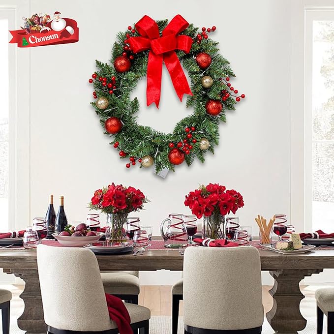 20" Large Christmas Wreath with LED Lights Winter Wreaths for Front Door or Wall Powered by 3AA Batteries for Indoor Outdoor Party Christmas Decorations