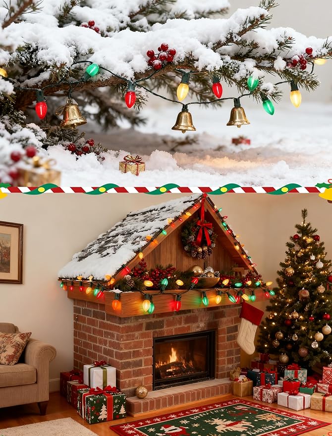 C7 LED Red White and Green Christmas Lights, 25Ft Outdoor Chritsmas String Lights Shatterproof with 27 LED Clear Multicolor Bulbs, Connectable Vintage Christmas Lights for Patio Garden Backyard Decor