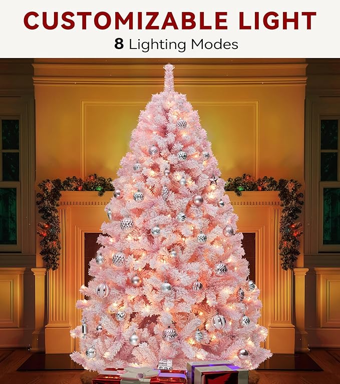 DWVO 7.5ft Pre-lit Pink Christmas Tree with Lights, Prelit Atificial Trees with 1346 Tips & 550 UL Listed Lights, Automatic Branches & Easy Assembly for Home Party