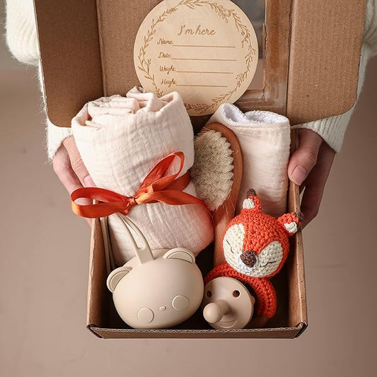 Baby Gift Set for Newborn, New Baby Bath Gift Set 7 Pcs, Baby Essentials Shower Set with Bath Towel+Teether+Rattle Toy+Pacifier Bag+Drool Towel+Brush+Wooden Milestone for Boy & Girls