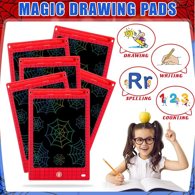 Nezyo 12 Pack Large Spider Party Favors LCD Writing Tablet for Kids 8.5 Inch Spider Web Drawing Tablet Erasable Reusable Electronic Drawing Pads for Birthday Supplies Gifts Goodie Bags Stuffers