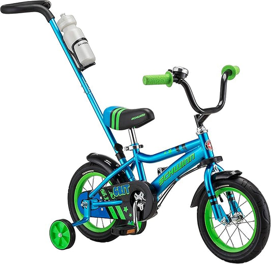 Schwinn Grit and Petunia Push Steer and Ride Kids Bike, For Boys & Girls Ages 2-4 Year Old, Rider Height 28-38 Inch,12-Inch Wheels, Training Wheels, Detachable Push Handle with Water Bottle & Holder