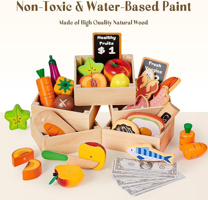 Toyssa Wooden Play Food Sets for Kids Kitchen, Play Toy Foods for Toddlers with Realistic Colors & Play Money, Pretend Play Kitchen Accessories Christmas Birthday Gifts for Girls Boys 3 4 5 6 7