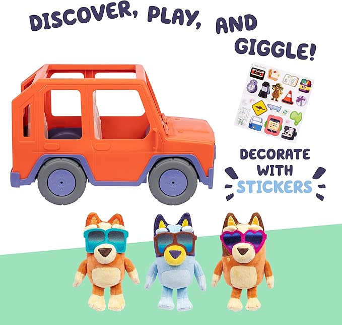 Bluey Big Heeler 4WD and Family Toddler Toy Car, Bingo and Chilli Plush Buddies, Opening Hood Storage, Car Toys for Kids 3+, Amazon Exclusive