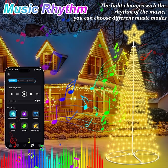 Smart Christmas Cone Tree Lights, 12ft 648LED Music Sync RGB Christmas Tree Lights with APP Remote Control, DIY Lighting Show Waterproof for Yard Garden Indoor Outdoor Christmas Decoration