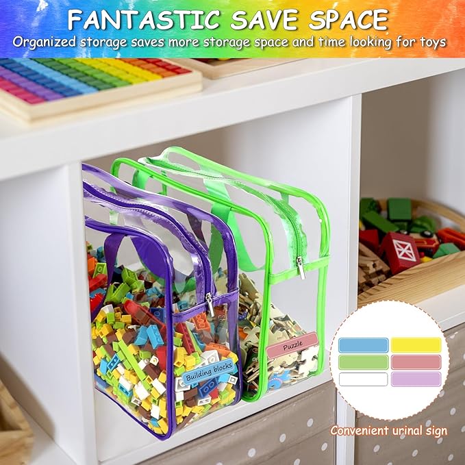 6 Packs Large Toy Storage Bags with Labels, Reusable Clear PVC Board Game Storage, Travel Waterproof Organizer Bags with Zipper for Building Blocks, Puzzle, Kids Books（6 Colors）