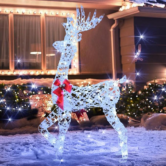 Tangkula 5 FT Lighted Christmas Reindeer, 3D Standing Lighted Buck Deer with LED Lights, Indoor/Outdoor Lighted Holiday Decor for Yards Garden Lawn Patio
