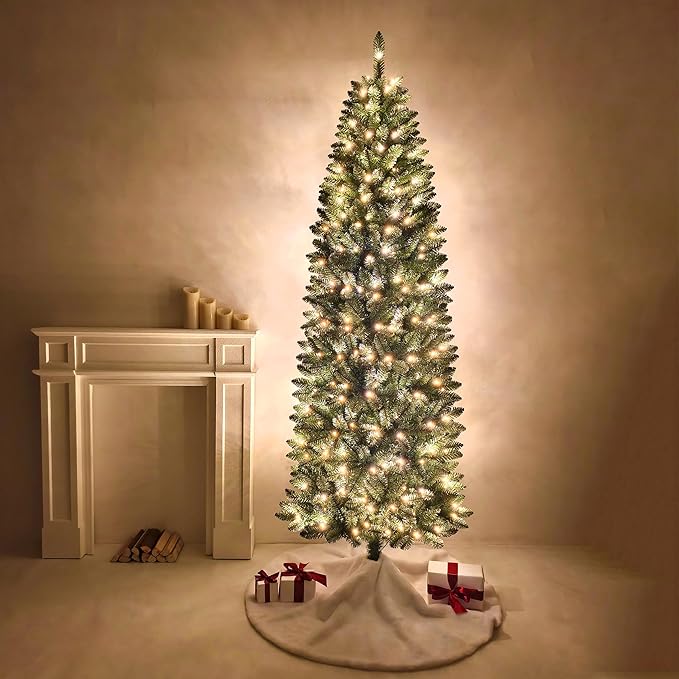7.5FT Prelit Slim Artificial Christmas Tree with 843 Branch Tips, 300 Warm White LED Lights and Metal Stand, Realistic Skinny Pencil Blue Spruce Christmas Tree for Holiday Décor