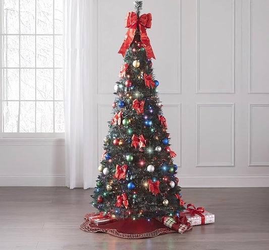 BrylaneHome 7.5 Ft Fully Decorated Pre-Lit Pop-Up Christmas Tree with 450 Warm Lights & Included Stand, Collapsible, Easy Assembly - Multi Color Lights