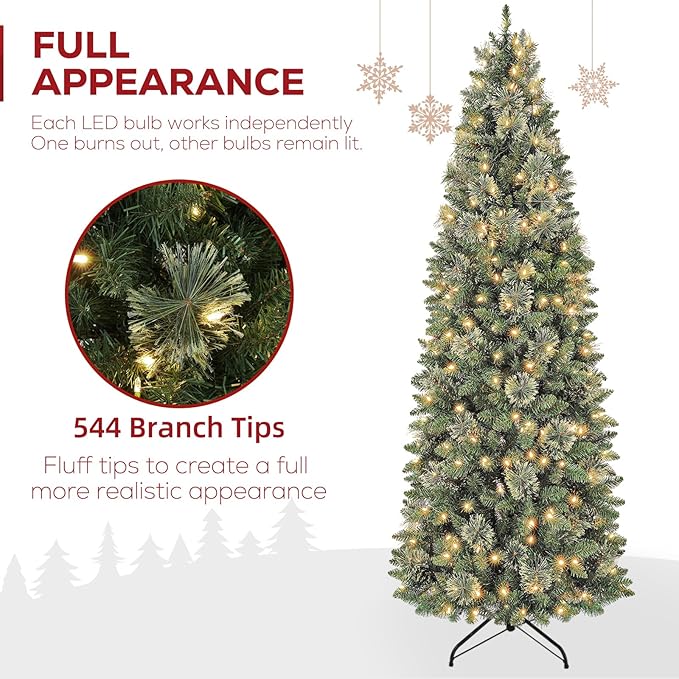 Hykolity 6 ft Prelit Pencil Slim Christmas Tree with 200 Warm White LED Lights, 544 PVC Branch Tips, Metal Stand and Hinged Branches