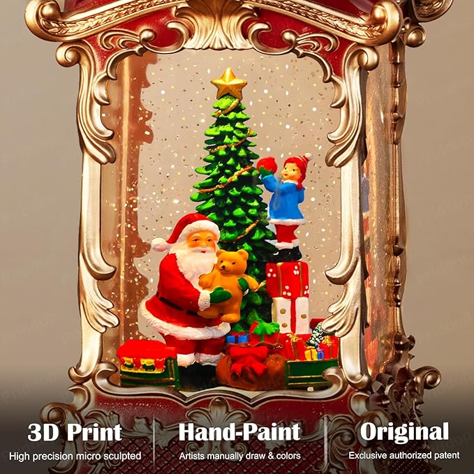 Santa Snow Globe Christmas Decorations Indoor Christmas Tree Gifts for Child Classic Relief Texture Musical Glitter Snowfall USB/Battery Timer Lantern 12.5 inch