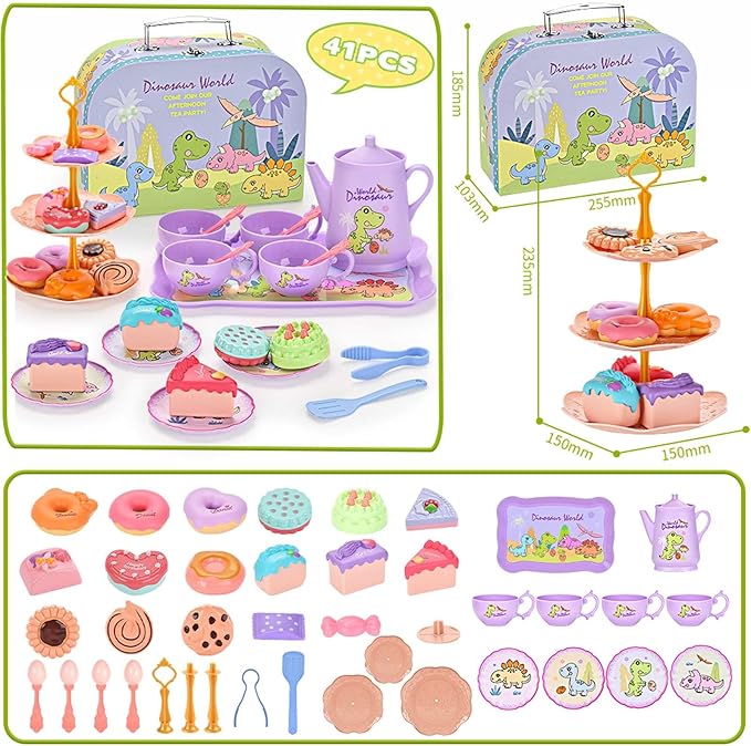 Dinosaurs Tea Party Set for Little Girls, Pretend Plastic Teapot Set, Princess Tea Time Play Kitchen Toy with Dessert, Carrying Case for Birthday Easter Gifts Kids Toddlers Age 3 4 5 6