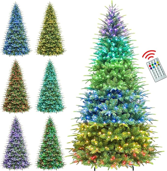Hykolity 7.5 ft Prelit Artificial Christmas Tree with Remote Control, 1948 PE&PVC Branch Tips, Artificial Hinged Christmas Tree with 450 Multi-Color RGB Lights for Decoration, 15 Modes