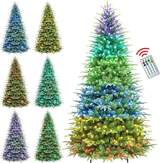 Hykolity 7.5 ft Prelit Artificial Christmas Tree with Remote Control, 1948 PE&PVC Branch Tips, Artificial Hinged Christmas Tree with 450 Multi-Color RGB Lights for Decoration, 15 Modes