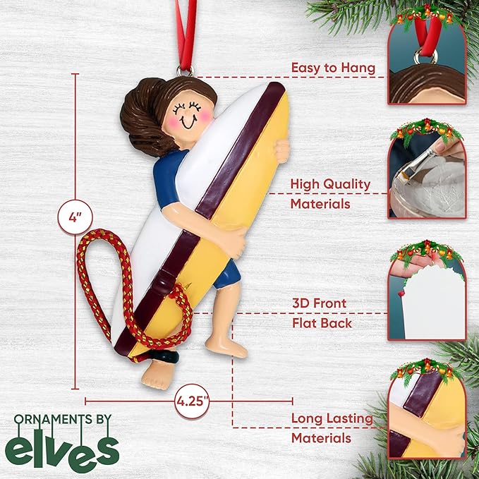 Personalized Surfboard Ornaments 2025 - Brunette Surfer Girl Beach Ornaments Surfer for Christmas Tree Surfing Ornament Gifts for Surfers Beachy Christmas by Elves