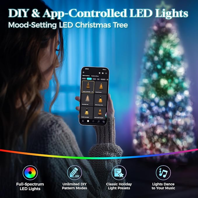 HOLLO STAR 7.5 ft Flocked Prelit Christmas Tree with 348 LED Lights, App Control, Skinny Artificial Pencil Christmas Tree, Multi-Color RGBW Lights, 960 Branch Tips, for Small Space, Home, Party