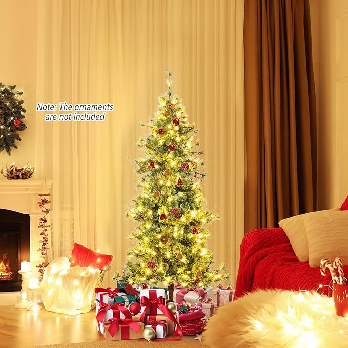 GOFLAME 6FT Pre-lit Christmas Tree, Artificial Xmas Tree with 200 Warm White LED Lights, 370 Branch Tips, Withered Branches, Pine Needles & 22 Pine Cones, Holiday Decoration Tree for Home Party