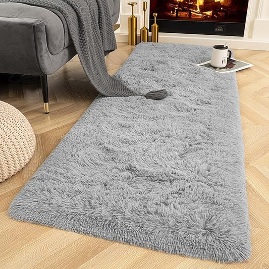 Ompaa Fluffy Grey Hallway Runner Rugs for Bedroom Bed Side Non-Slip, 2x6 Feet Long Carpet Rug Runner for Entrance Living Room Dorm, Plush Kids Playroom Baby Girls Nursery Decor Mats