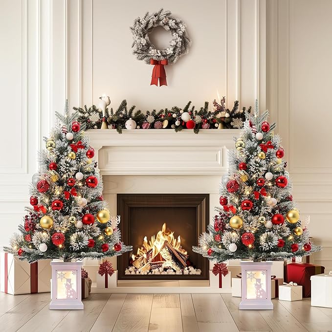 3FT Prelit Artificial Christmas Tree with Lights, 3 Foot Artificial Christmas Tree with Snowflake Base, 78 LED Prelit Christmas Tree, Battery Operated, Timer, Easy Assembly, Winter Holiday Decor