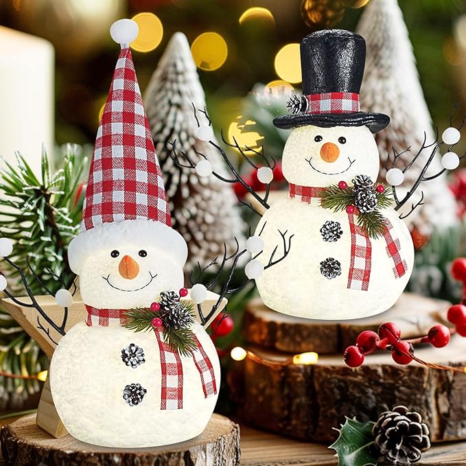 2 Pack Red and White Christmas Table Decor, 14" Lighted Plush Christmas Snowman Decorations, Light Up Snowman Holiday Present, Table Mantel Desk Fireplace Shelf Home Minimalist Decor