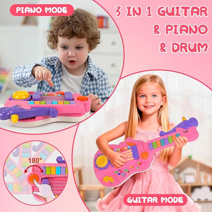 M SANMERSEN Kids Guitar Toddler Toys Guitar for Girls Kids 3 4 5 Year Old 3-in-1 Electric Guitars with Piano Drum Toddler Musical Toy with Strap Light Up Boys Girls Birthday Christmas Easter Gifts