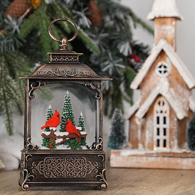 Red Cardinals Bird Snow Globe, Light Up Christmas Snow Globes with Music Timer - USB Plug or Battery Operated Glitter Globe Indoor Christmas Decorations