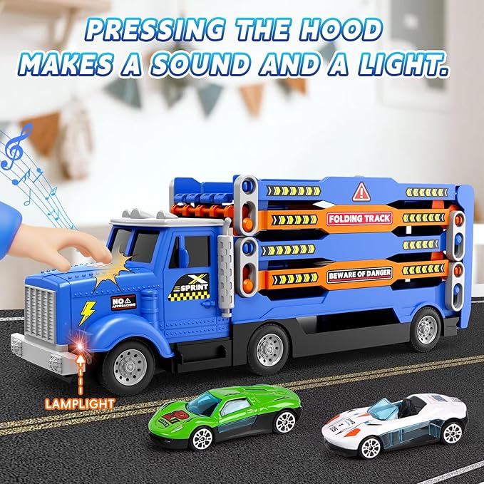 HONGTUO Toddler Truck Track Set with Lights & Sounds – 55-Inch Racing Track with 6 Die-Cast Cars, Perfect Birthday for 3 4 5 6 7 Years Old Boys and Girls