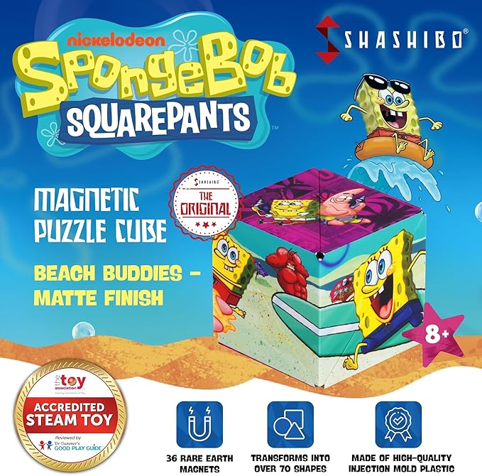 SHASHIBO Spongebob Squarepants Shape Shifting Box - STEM Magnetic Fidget Cube That Transforms Into Over 70 Shapes, Download Fun in Motion Toys Mobile App (Beach Buddies)