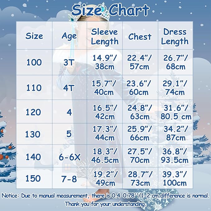 Princess Costume for Girls Halloween Dress Snow Cosplay Christmas Birthday Party Dress Up Outfit Blue