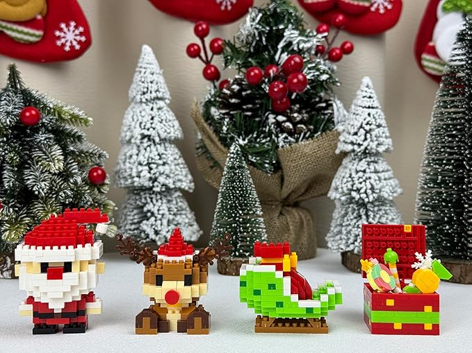 Mini Christmas Building Blocks Toy - 4 Pack Santa Claus Design Set, Holiday Crafts for Family, Kids, Boys & Girls, Ages 6+,DIY Christmas Stocking Stuffers Gifts,Xmas Newyear Birthday Gifts