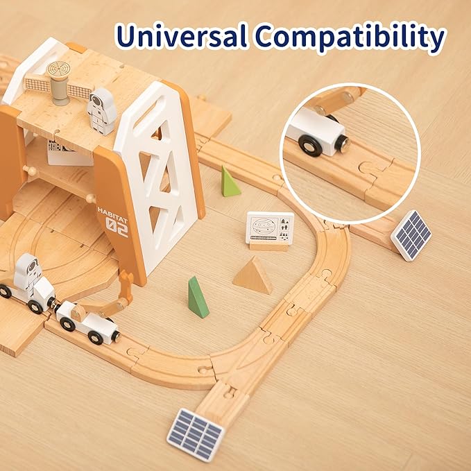 Wooden Space Train Set, Mars Station Wood Train Track Set 39pcs, Train Toy with Astronaut and Rocket for Kids 36m+