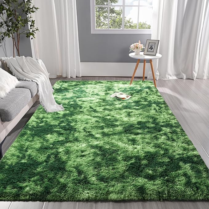 Pettop Large Shag Area Rug, 6x9 Tie-Dyed Plush Fuzzy Rugs for Living Room, Ultra Soft Shaggy Rugs for Bedroom, Non-Slip and Washable Indoor Carpet for Girls Kids Room Home Decor, Dark Green