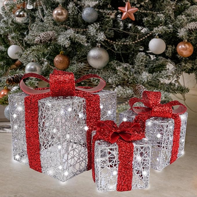 Lighted Gift Box Set of 3, Silver Boxes with Red Bow, Prelit 60 White Lights Present Boxes Lighted Display with Plug Home Porch Outdoor Yard Christmas Decorations-Red